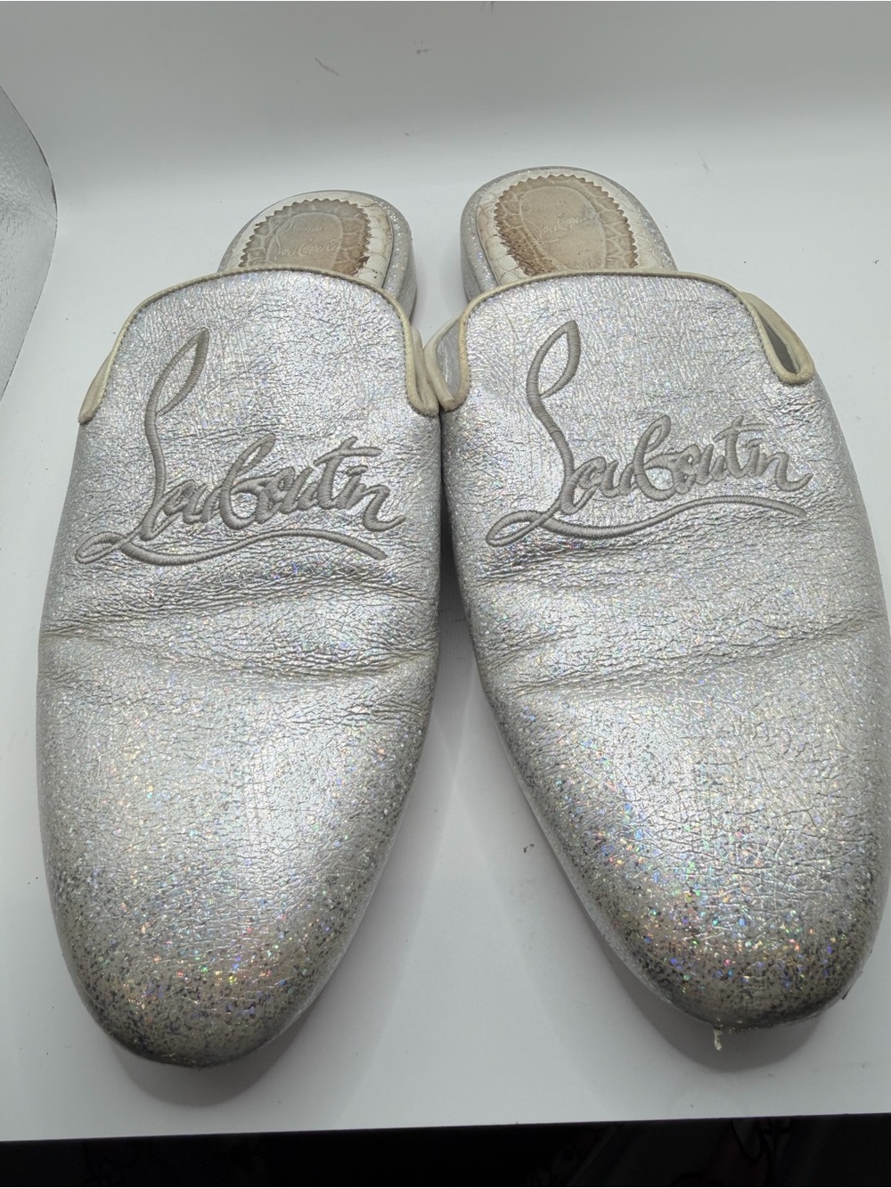 Christian Louboutin Iridescent Silver Glitter Slip-On Mules
